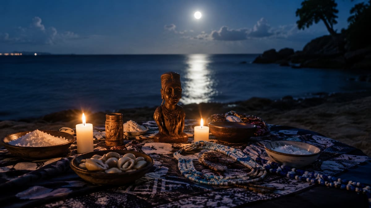 Statuette rituelle et bougies face à la mer au clair de lune
